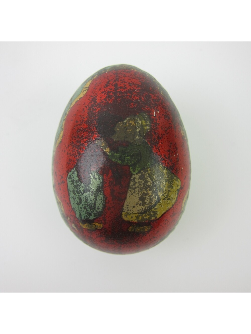 Antique Tin Litho Easter Egg Candy Container Dutch Boy & Girl Milk Maid Kiss Red